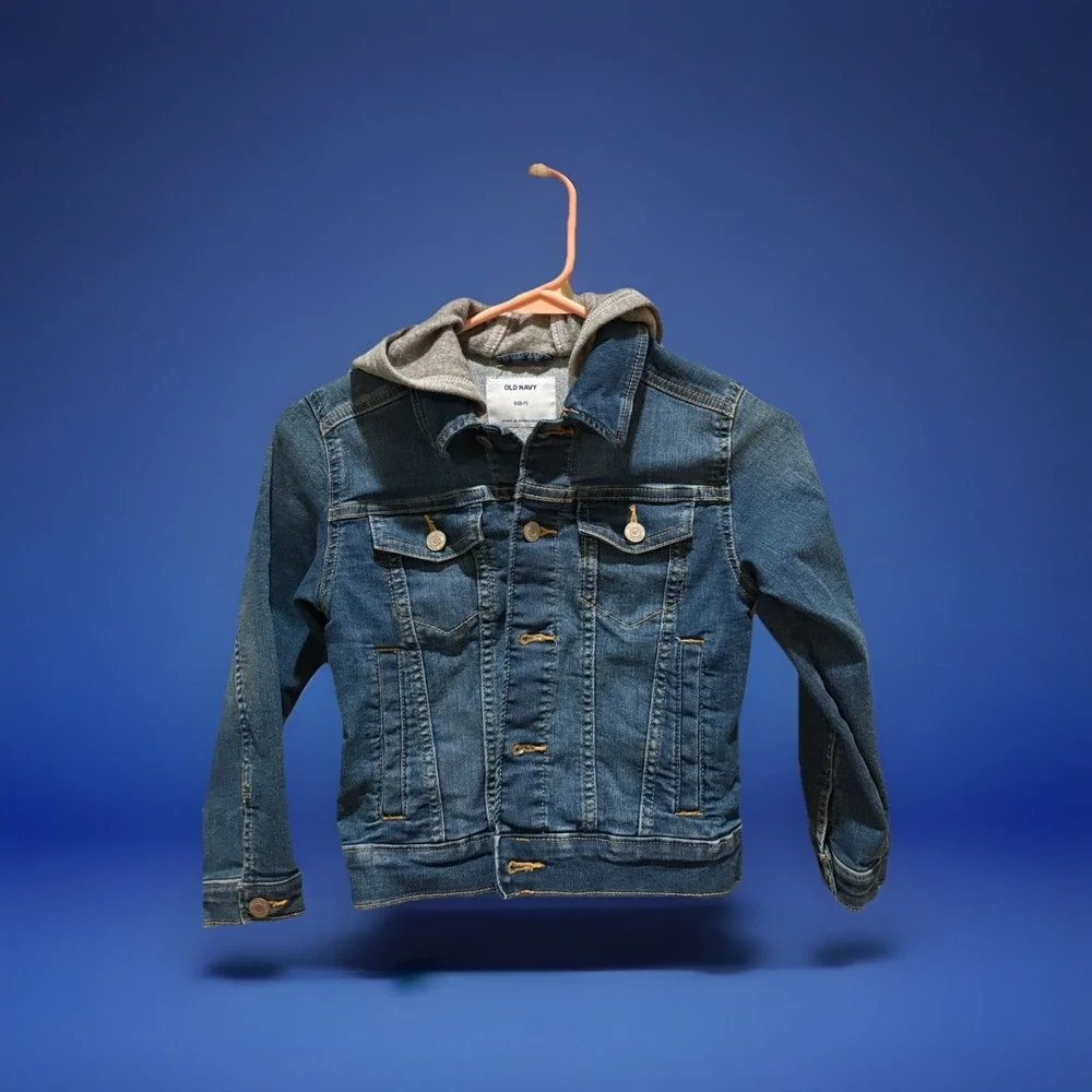 Old Navy Girls Hooded Denim Jacket Blue Gray Button S (6-7) Long Sleeve